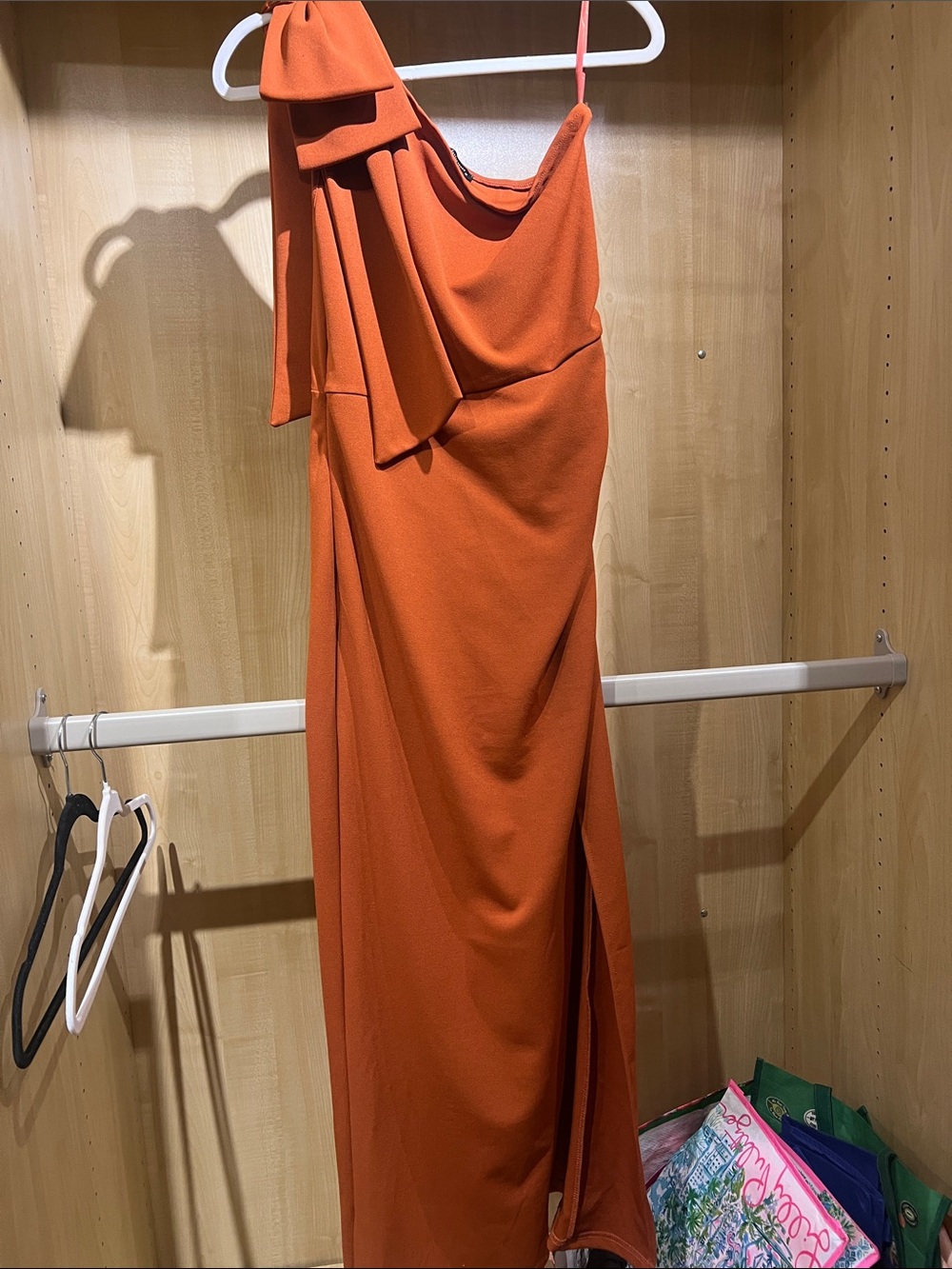 One-Shoulder Rust Orange Evening Gown